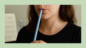 Close-up of a young woman’s lower face and hand practicing straw phonation with a long blue straw, wearing a black shirt, with blurred sheet music and a water bottle in the background.