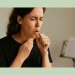 Singer in a black T-shirt clears her throat, hand on her throat, against a neutral background.