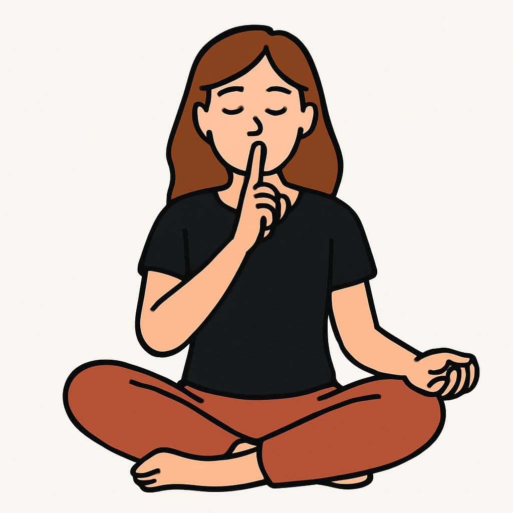 Flat-style cartoon of a singer seated cross-legged, finger to lips, eyes closed in meditation against a white background.