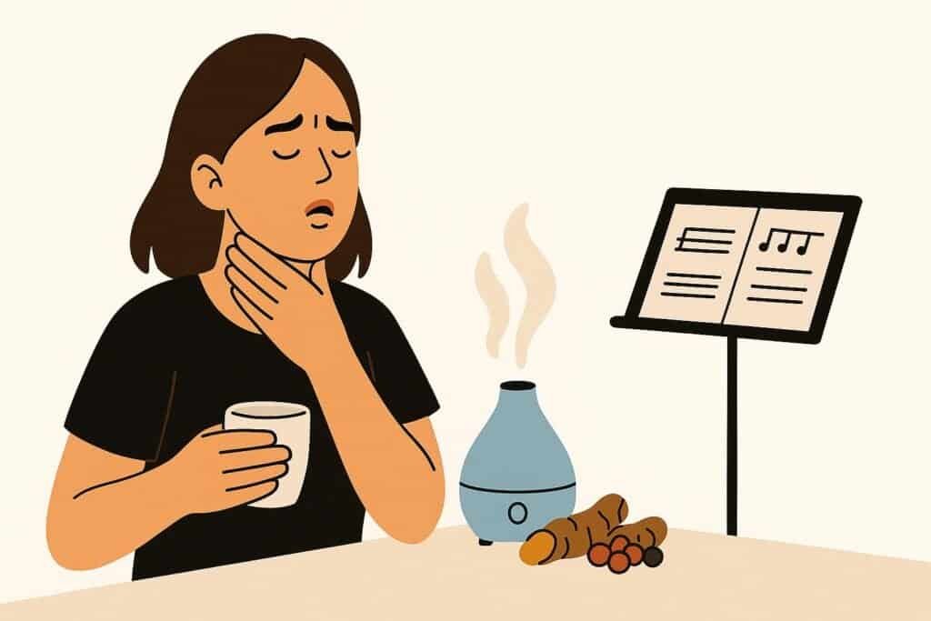 Flat-style illustration of a singer holding her throat in discomfort, with a steaming humidifier and a sheet-music stand behind her against a white background.