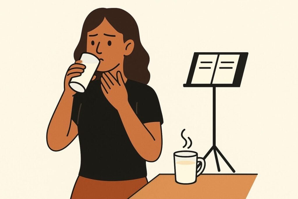 Flat-style cartoon of a woman drinking milk and touching her throat, with a steaming mug and a music stand behind her on a white background.
