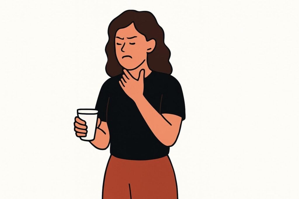 Cartoon of a woman touching her throat while clearing her voice, holding a warm drink against a plain white background.