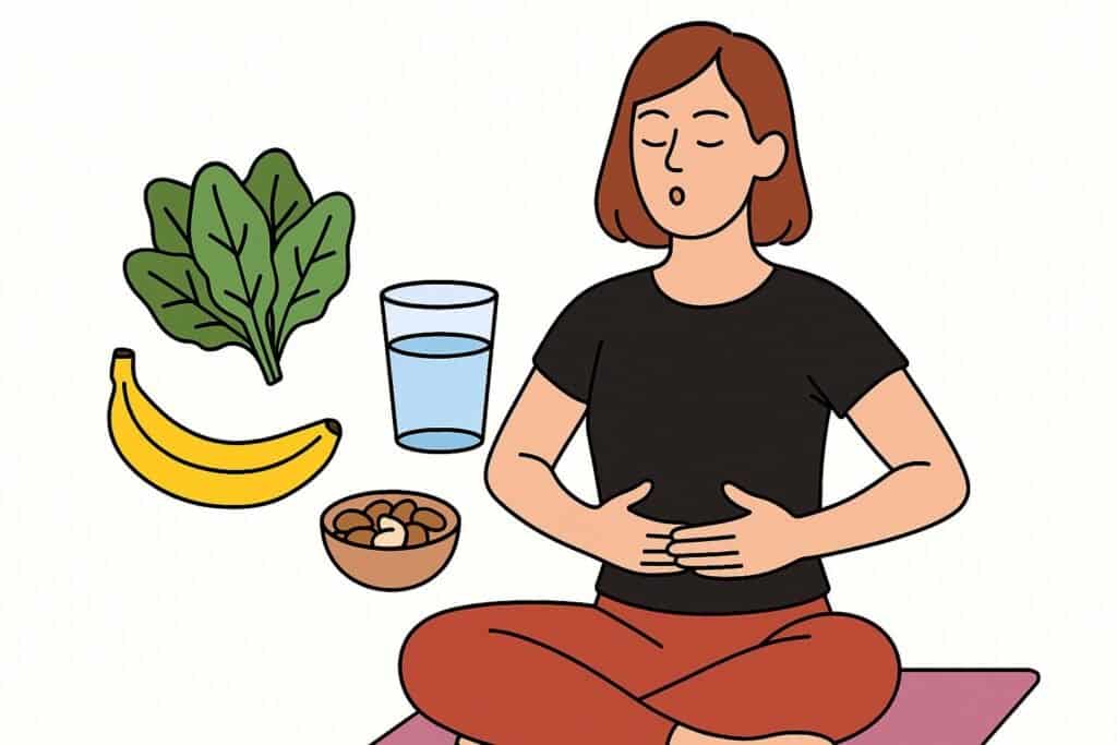 Cartoon of a woman seated on a yoga mat practicing deep breathing with hands on her ribs, surrounded by spinach, a banana, a bowl of nuts, and a glass of water on a white background.