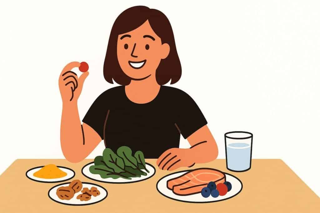 Flat-style illustration of a smiling singer at a table with plates of turmeric, spinach, walnuts, salmon, berries, and a glass of water on a white background.