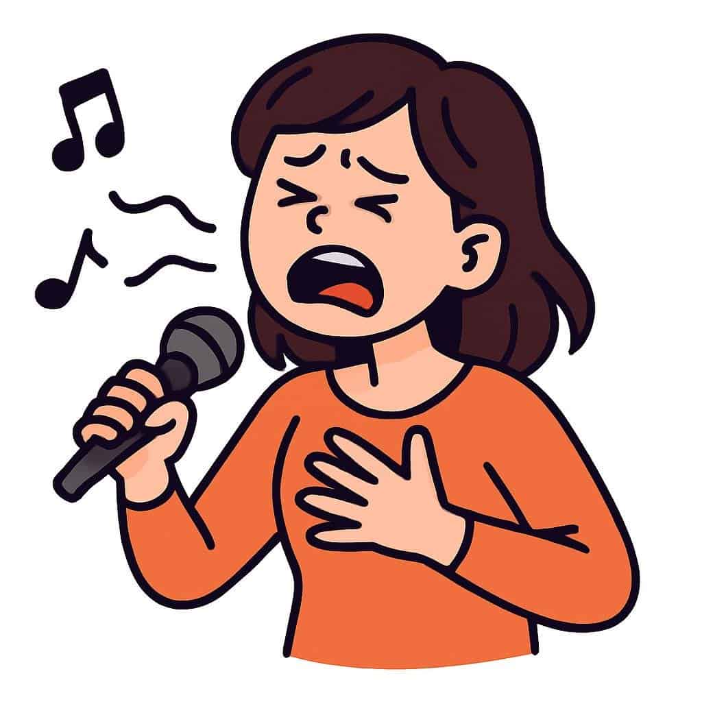 Cartoon of a singer holding a microphone, eyes closed and hand on chest, mid–vocal crack with musical notes and an expression of strain.