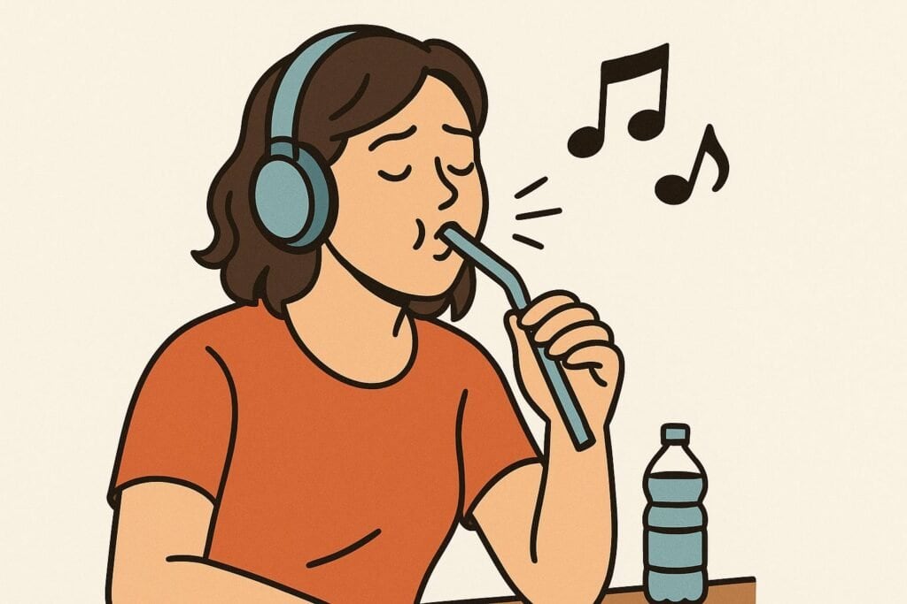 Cartoon of a singer wearing headphones, singing through a light-blue straw with closed eyes, a water bottle on the table, and musical notes floating around.