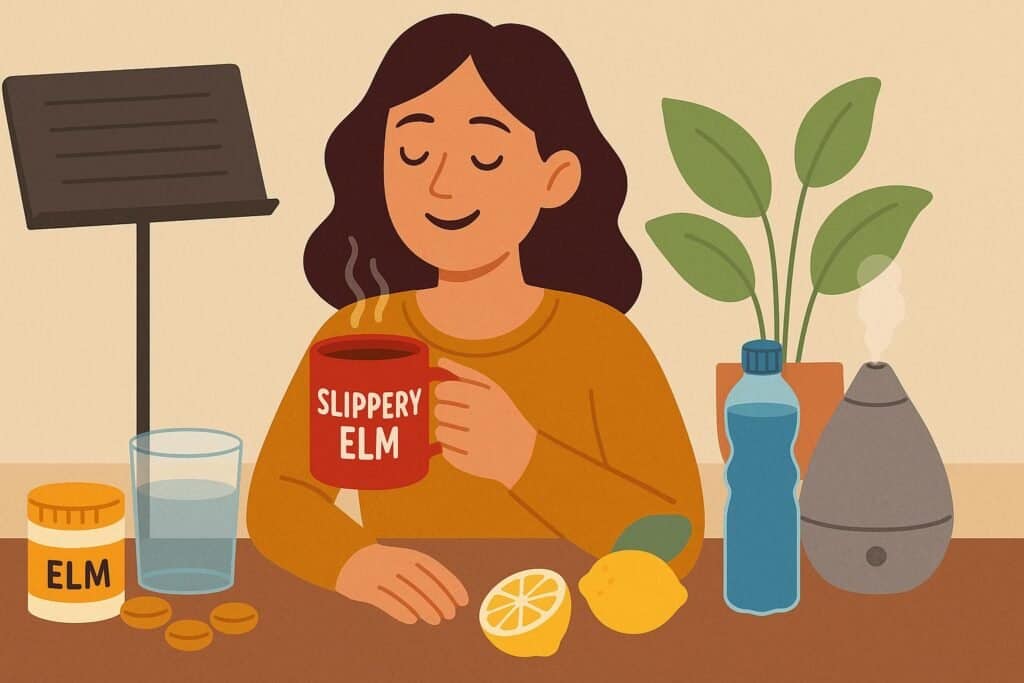 Cartoon of a smiling singer with brown hair holding a red mug labeled “Slippery Elm” while seated at a table with a jar of slippery elm powder, lozenges, a glass of water with lemon, a humidifier, and a music stand on a plain background.