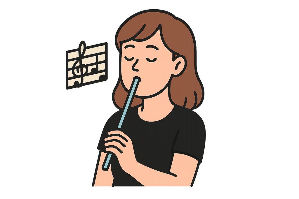 Cartoon illustration of a young woman singing into a blue straw, holding it with two fingers, with a sheet-music icon floating beside her.