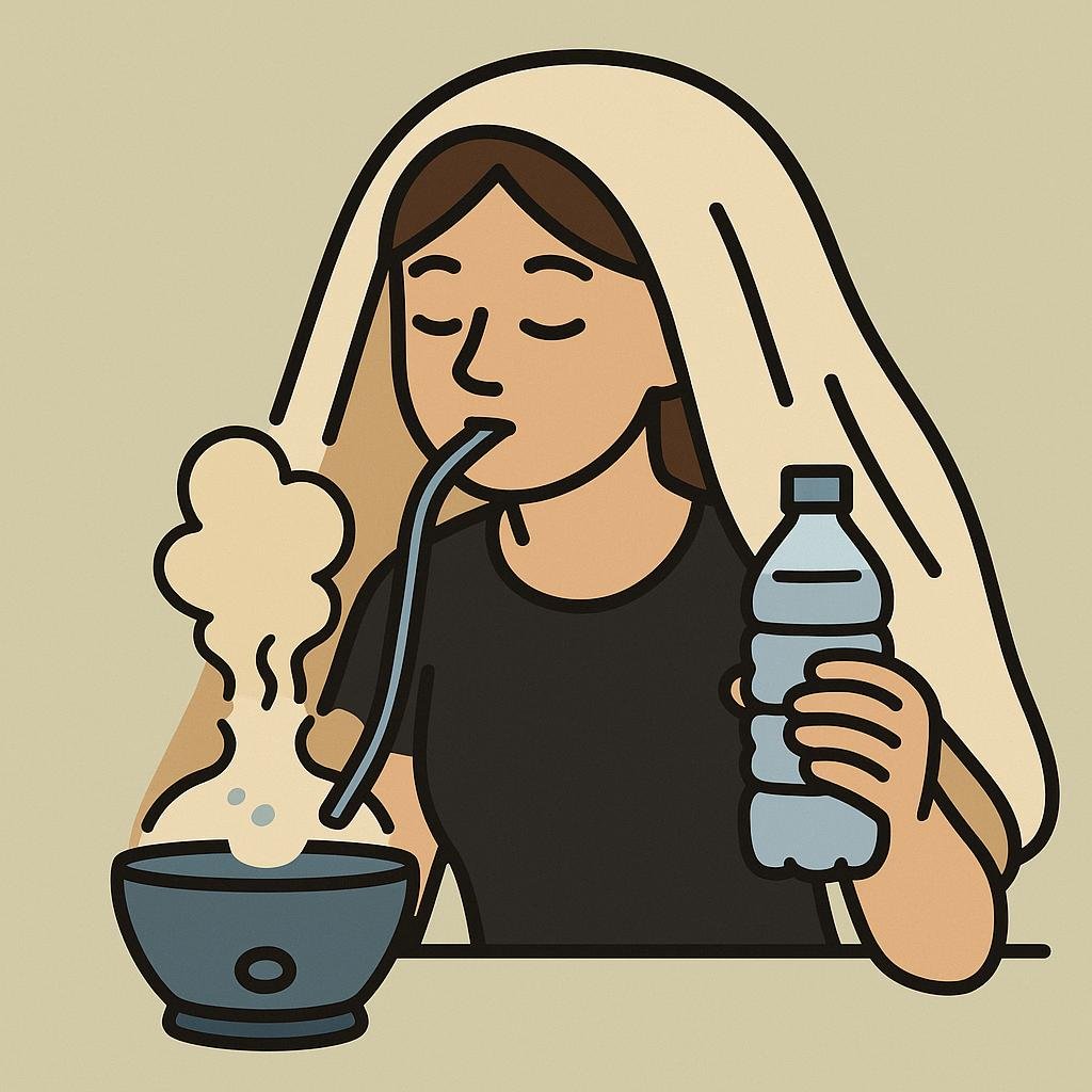 Cartoon illustration of a woman under a towel steaming her face with a humidifier and holding a water bottle, on a white background.