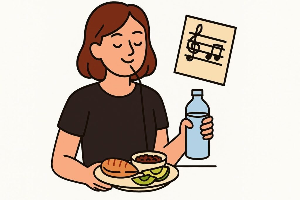Cartoon illustration of a singer holding a balanced plate of chicken, rice, and avocado in one hand and a water bottle in the other, with a floating sheet music icon on a white background.
