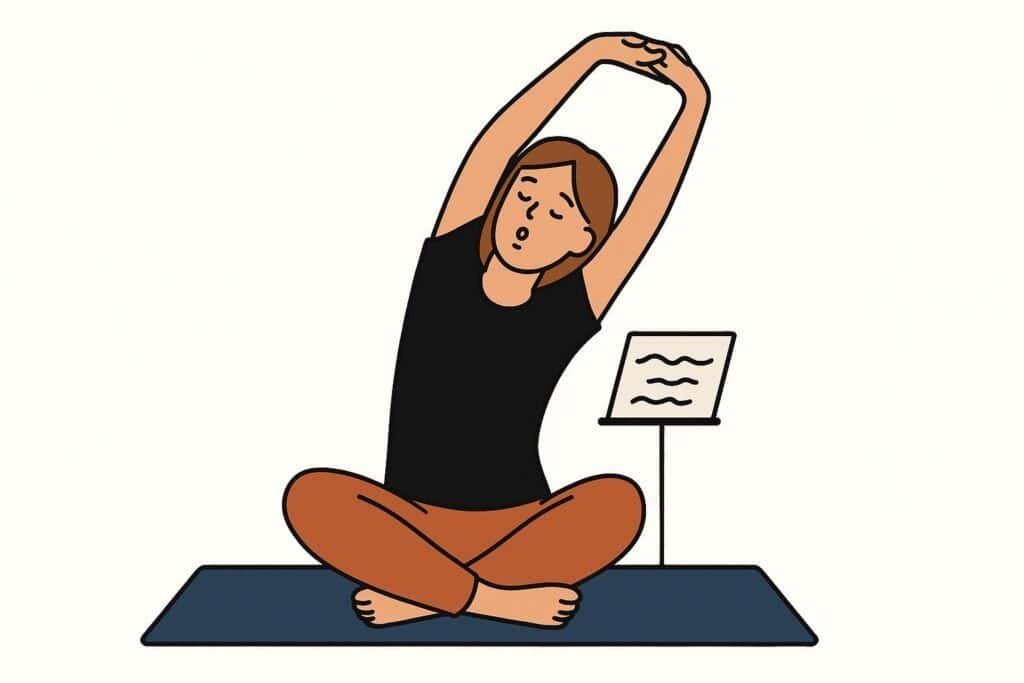 Flat-style cartoon of a singer seated cross-legged on a blue yoga mat, stretching with arms raised overhead and performing a lip trill; a sheet-music stand stands behind her.