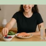 Singer smiling at a table of anti-inflammatory foods—berries, salmon, spinach, turmeric, walnuts—with a glass of lemon water, humidifier, and music stand softly blurred in the background.