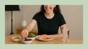 Singer smiling at a table of anti-inflammatory foods—berries, salmon, spinach, turmeric, walnuts—with a glass of lemon water, humidifier, and music stand softly blurred in the background.